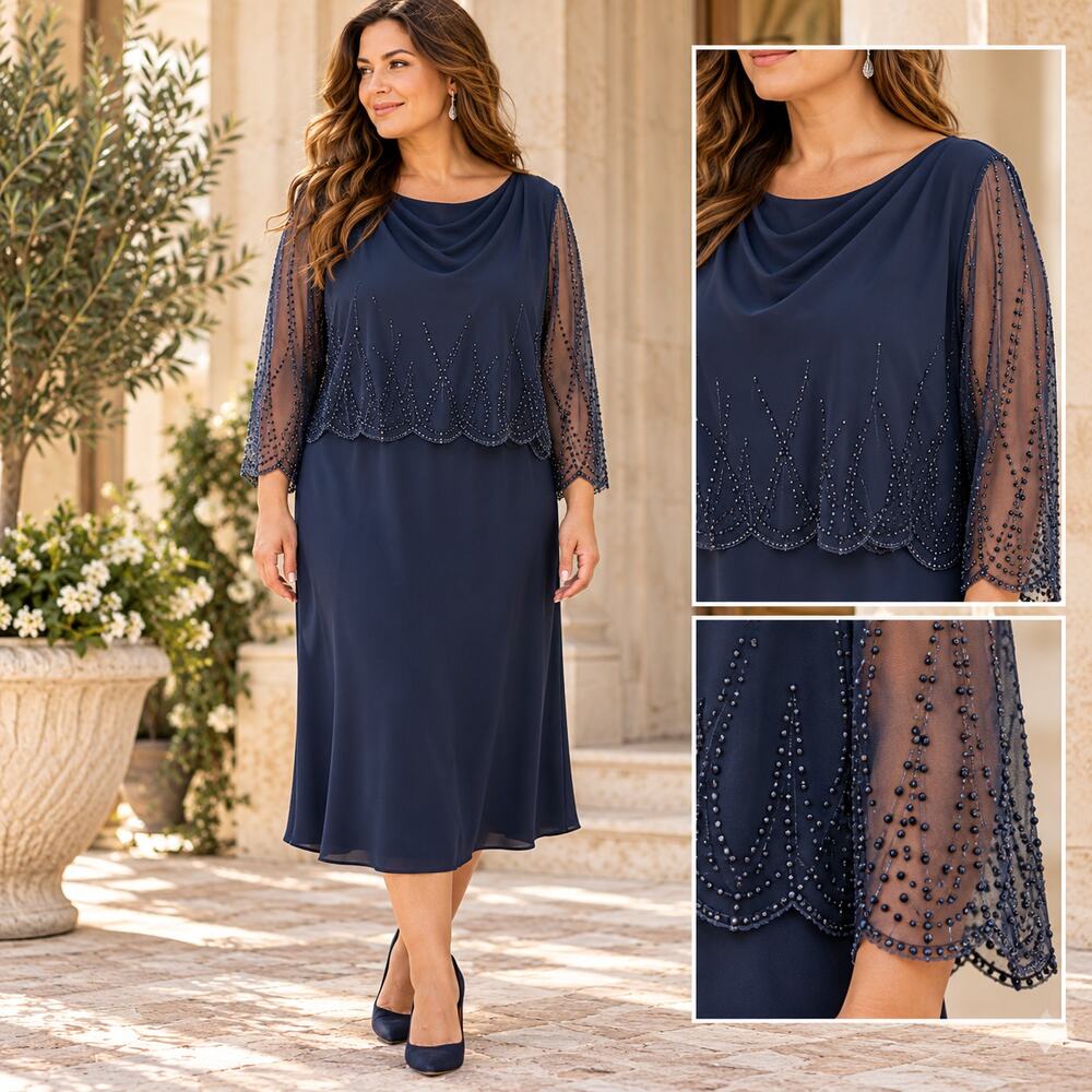 Stenay Dress Julia Jersey Beaded Navy SZ14 Sheer Sleeve Knee Cocktail Evening